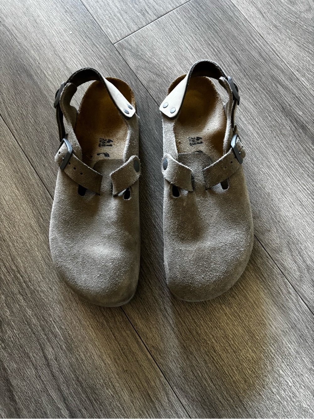 Birkenstock Tokio Suede Leather Clogs in Stone Coin